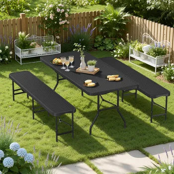 Table pliante 180 cm avec 2 bancs set brasserie 3 pièces HDPE acier résistant aux intempéries pour 6-10 personnes fêtes barbecue jardin