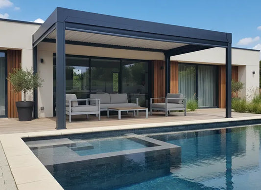 Pergola bioclimatique autoportante+led GREEN OUTSIDE Ménéa aluminium noir, 15 m²