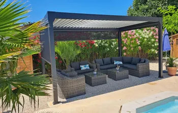 Pergola bioclimatique autoportante+led GREEN OUTSIDE Ménéa aluminium noir, 15 m²