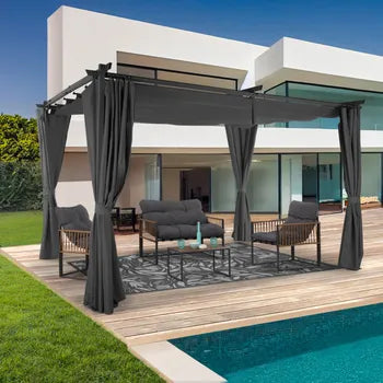 Pergola édition limitée toit rétractable 3x4 M et 4 rideaux gris anthracite