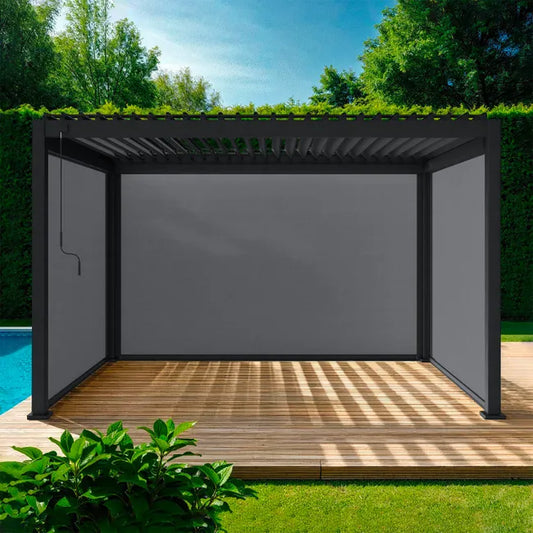 Pergola bioclimatique en aluminium. lames orientables 3x4m + 2 stores 3m + 1 store 4m TRIOMPHE anthracite TRIOMPHE 4X3M