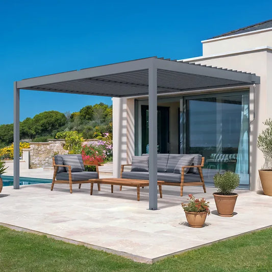 Pergola bioclimatique adossée Anthracite en Aluminium 12 m²