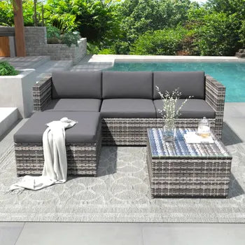 Salon de jardin en résine tressée - Canapé d'angle extérieur avec table basse - 4 places - Gris
