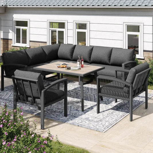 Mobilier de jardin avec finition bois, comprenant des coussins d'assise et des coussins de dossier, gris