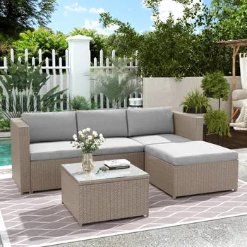 Salon de jardin en résine tressée - Canapé d'angle extérieur avec table basse - 4 places - Marron