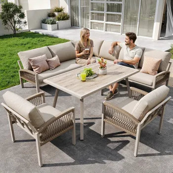 Salon bas de jardin en fer Beige 8 personnes